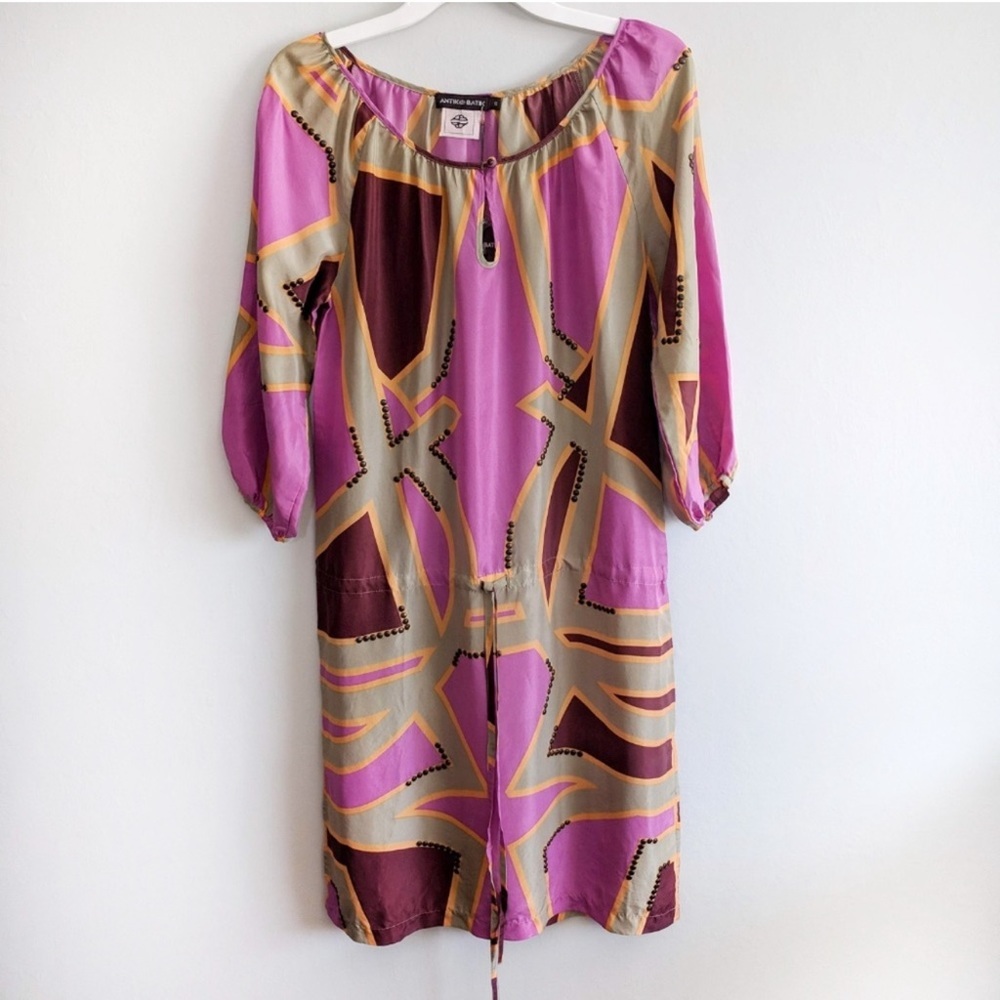 Antik Batik Silk Drop Waist Boho Lilac Shift Dress Size Medium